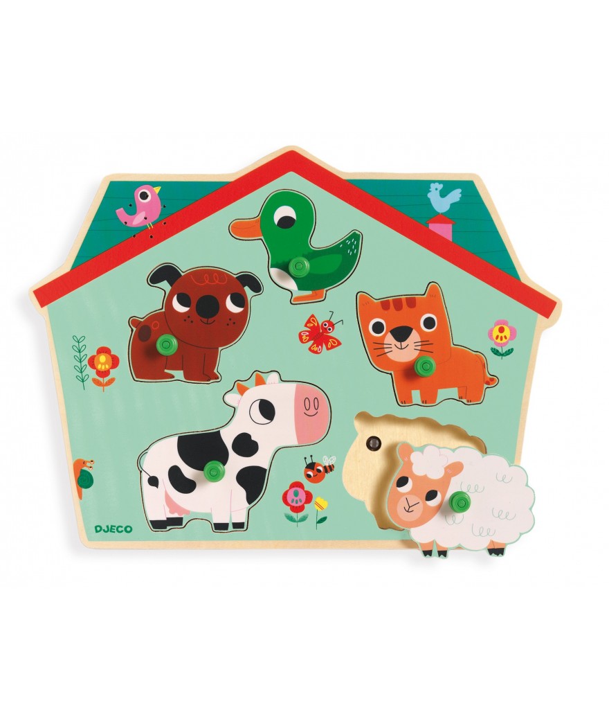Djeco - Houten Geluidenpuzzel Ouaf Woof | Boerderijthema (5 stuks)