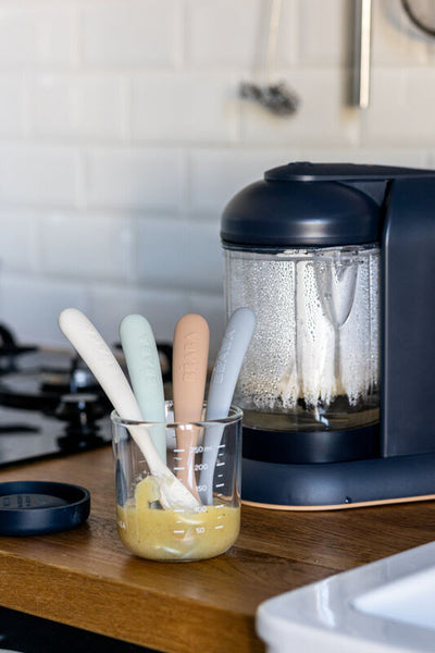 Béaba - Set Siliconen Lepels 1ste Leeftijd Natural | Kiezel / Grijsgroen / Praline / Clay (4 stuks)