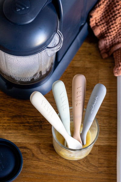 Béaba - Set Siliconen Lepels 1ste Leeftijd Natural | Kiezel / Grijsgroen / Praline / Clay (4 stuks)