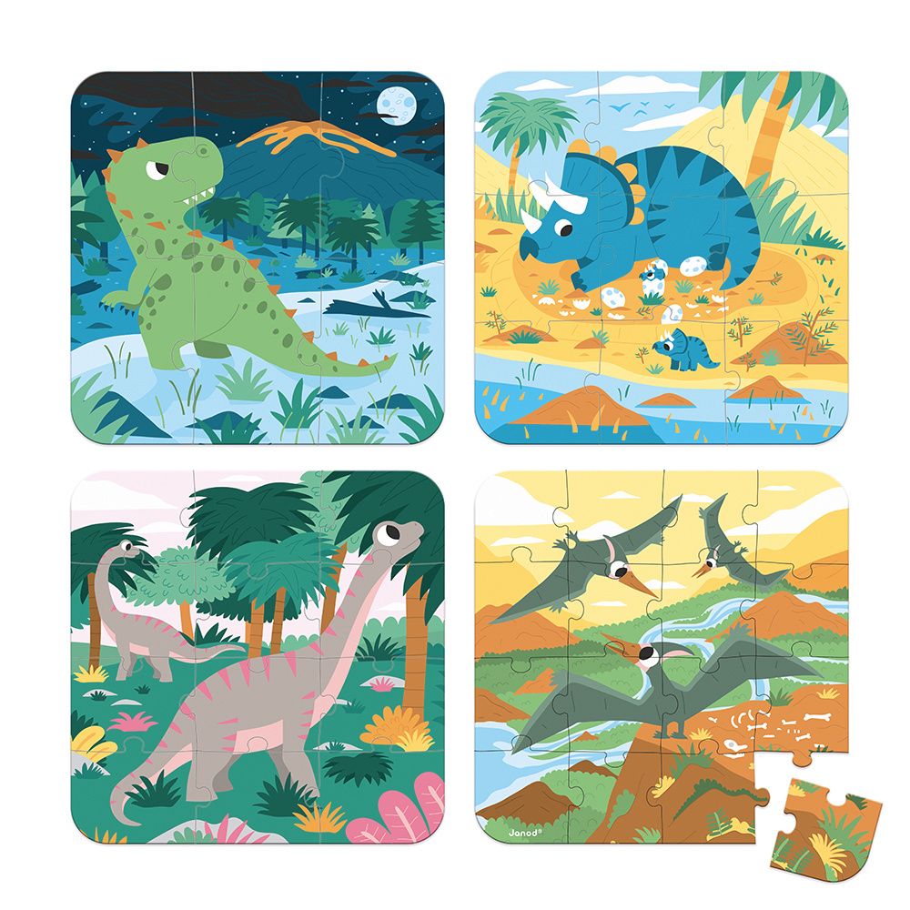 Janod - Evolutieve Puzzel Dinosaurs (4 puzzels) | Prehistorische Puzzelset voor Peuters
